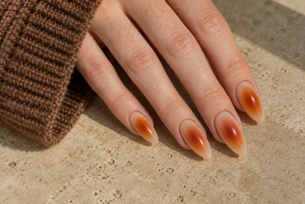 Burnt orange aura gradients on nude almond nails, angled view beside a brown knitted sleeve.