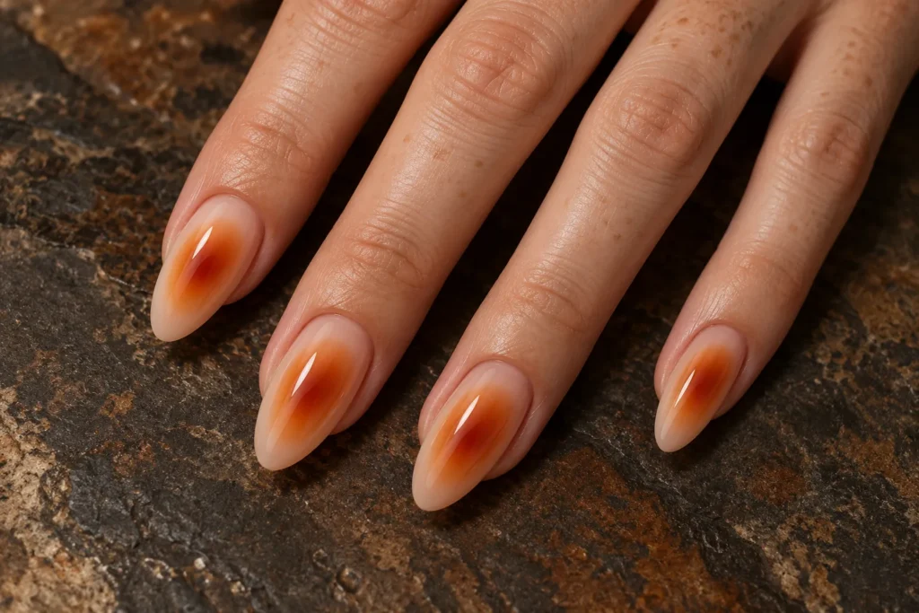 Burnt orange aura gradients on nude almond nails, close-up against dark stone.
