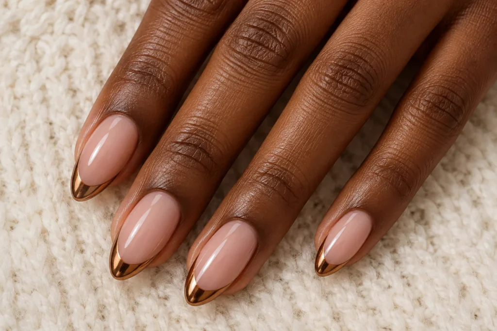 Bronze chrome French tips on nude almond nails, top view on cream wool.