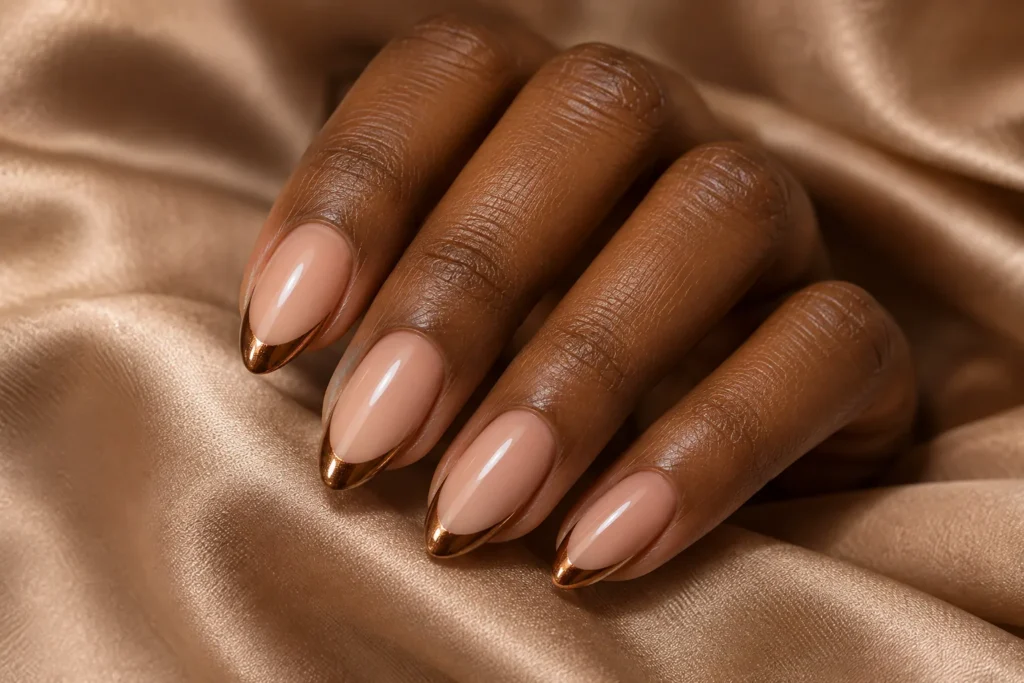Bronze chrome French tips on nude almond nails, curled hand on beige satin.