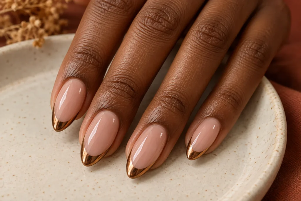 Bronze chrome French tips on nude almond nails, fingertips on an ivory ceramic dish.