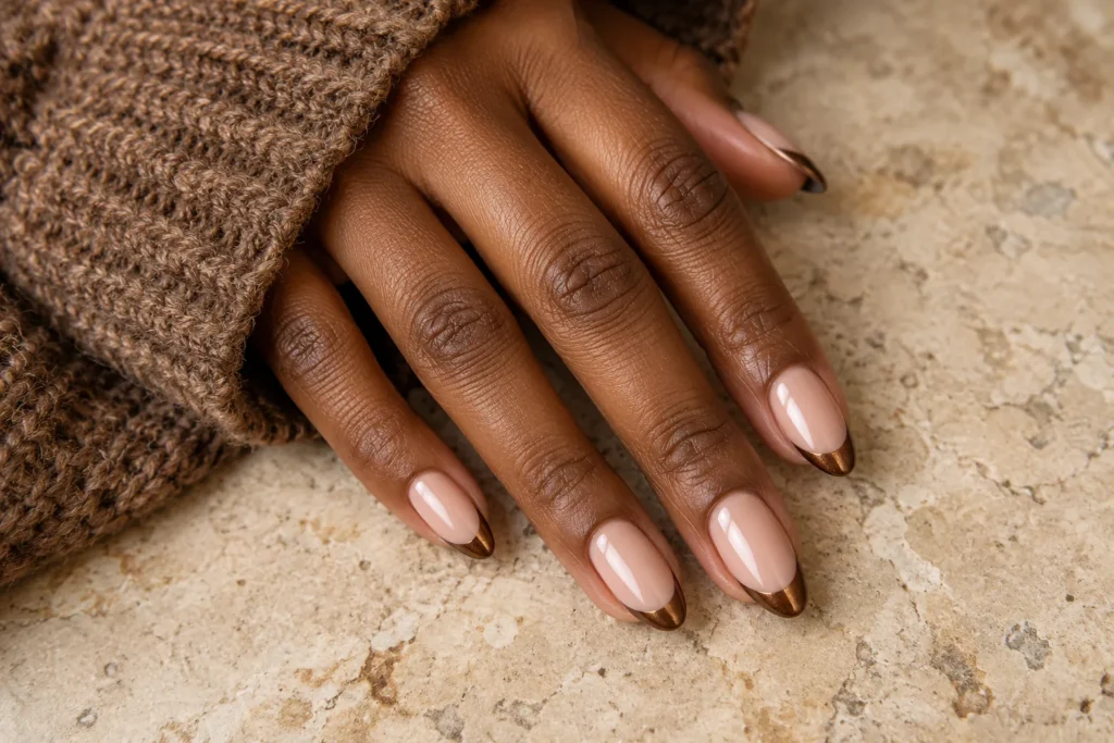 Bronze chrome French tips on nude almond nails, angled view beside a brown knitted sleeve.