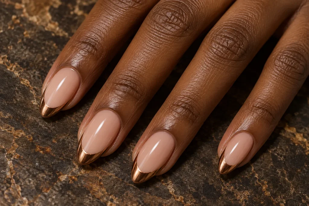 Bronze chrome French tips on nude almond nails, close-up against dark stone.