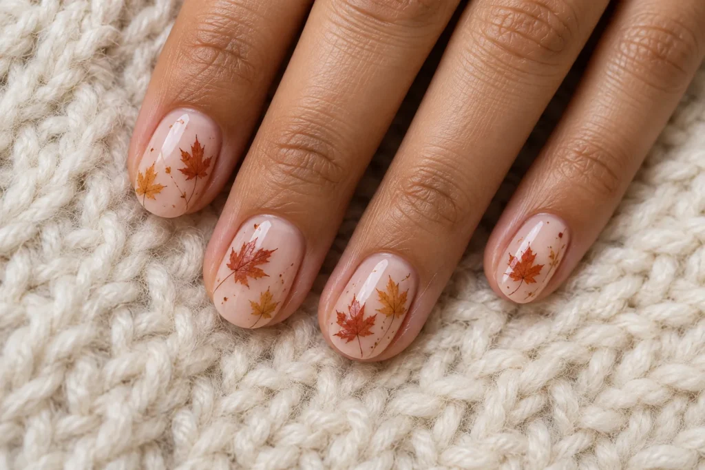 Rust and ochre maple leaves on milky nude nails, top view on cream wool.