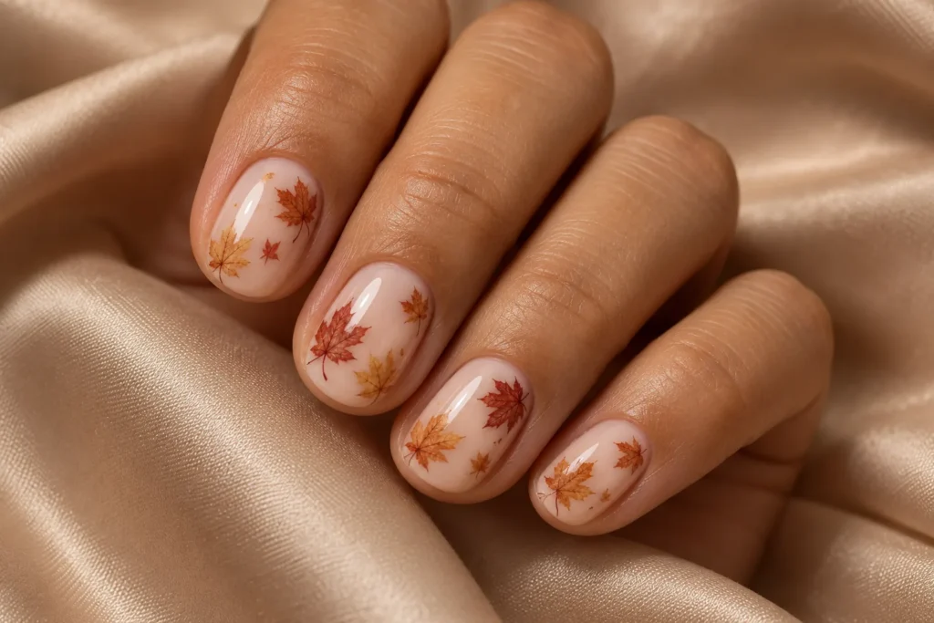 Rust and ochre maple leaves on milky nude nails, curled hand on beige satin.
