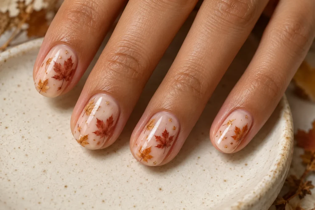 Rust and ochre maple leaves on milky nude nails, fingertips on an ivory ceramic dish.