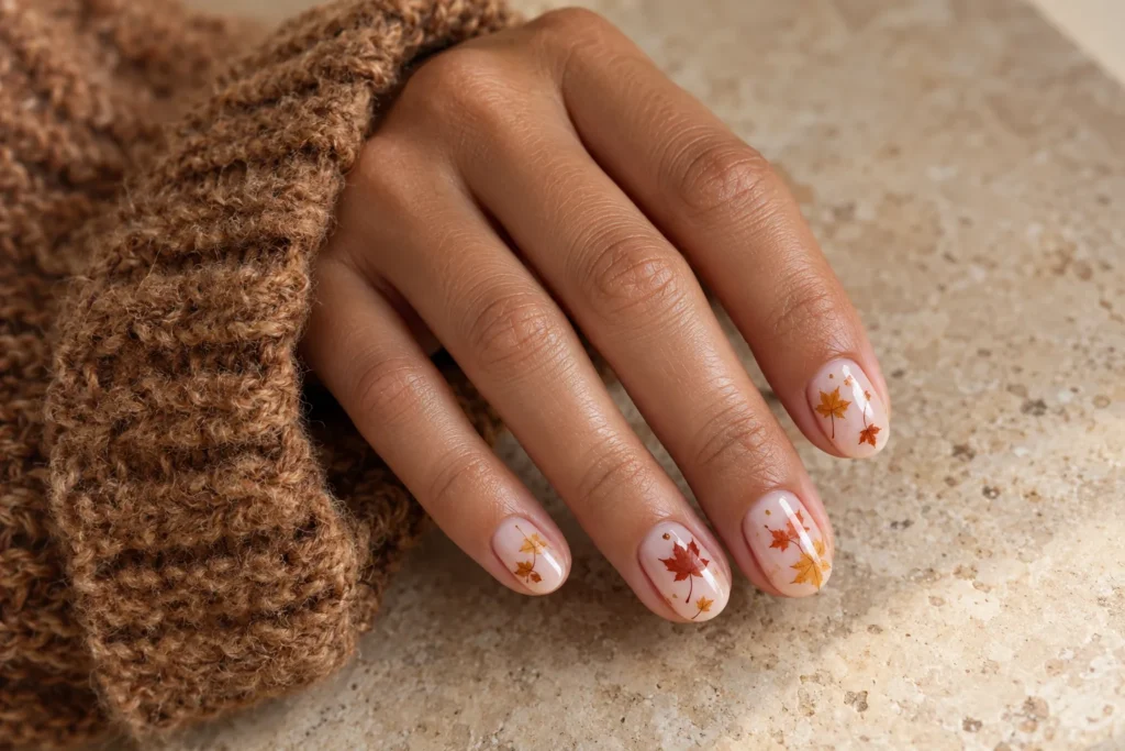 Rust and ochre maple leaves on milky nude nails, angled view beside a brown knitted sleeve.