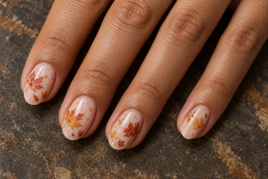 Rust and ochre maple leaves on milky nude nails, close-up against dark stone.