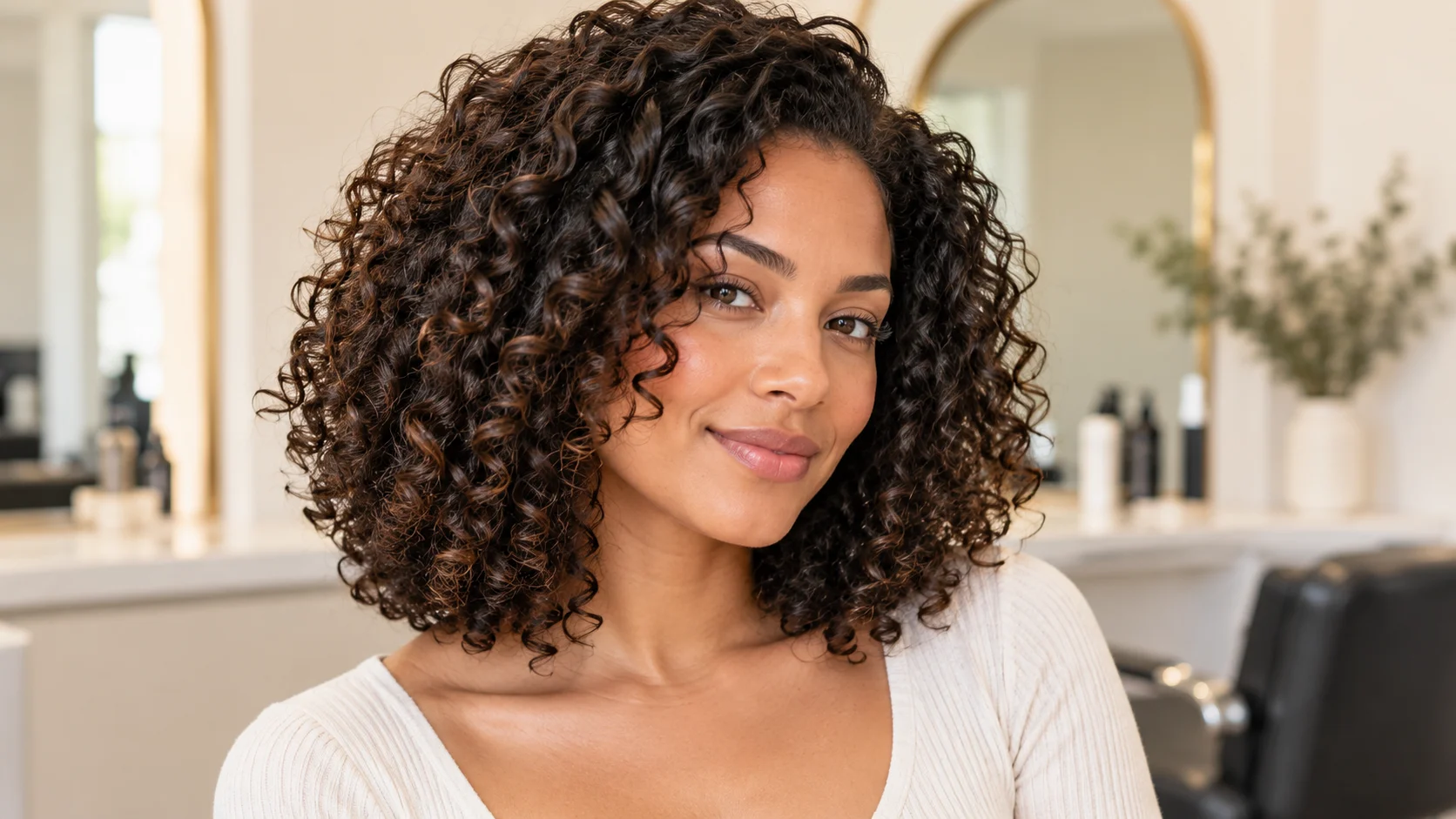 Defined natural curls in a rounded shoulder-length shape