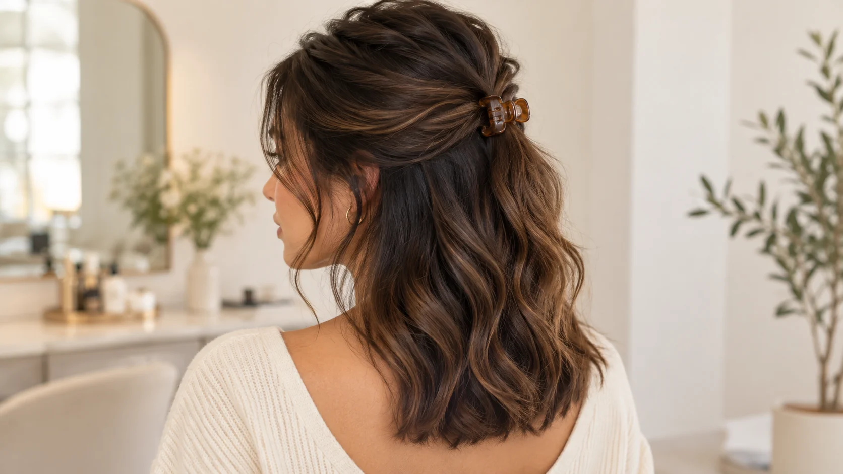 Half-up hairstyle secured with a small claw clip