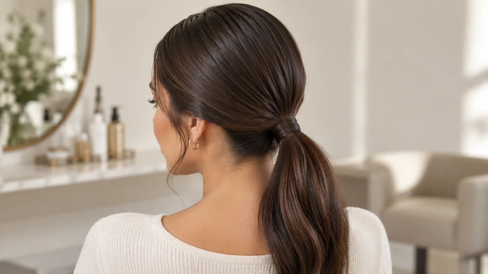 Sleek low ponytail secured at the nape