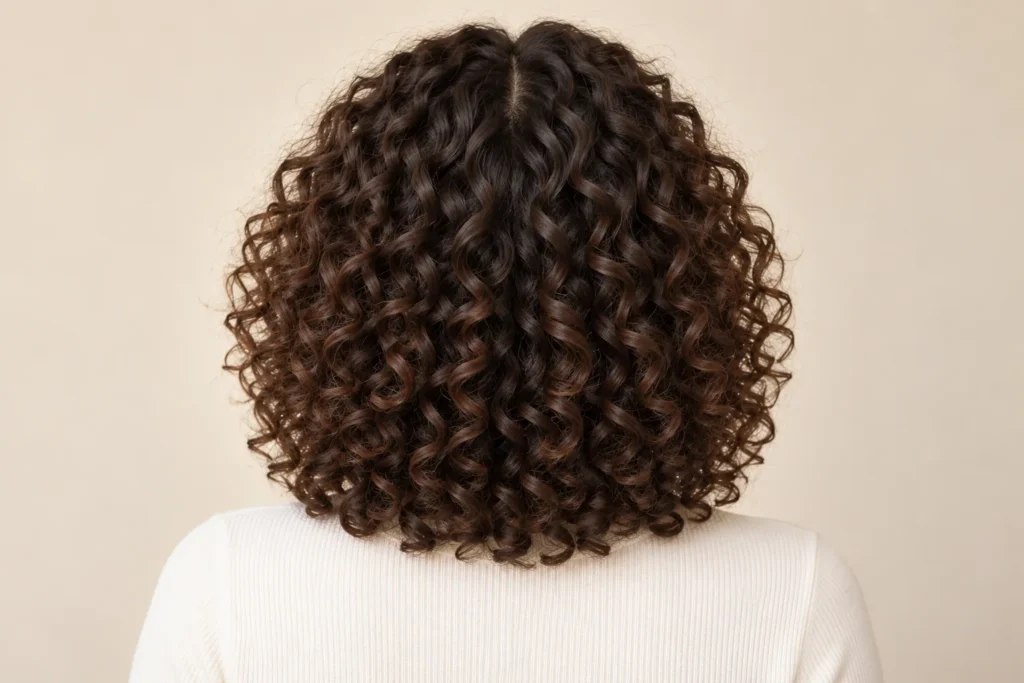 Shoulder-Length Layered Curls, back view showing the curly hairstyle shape and texture