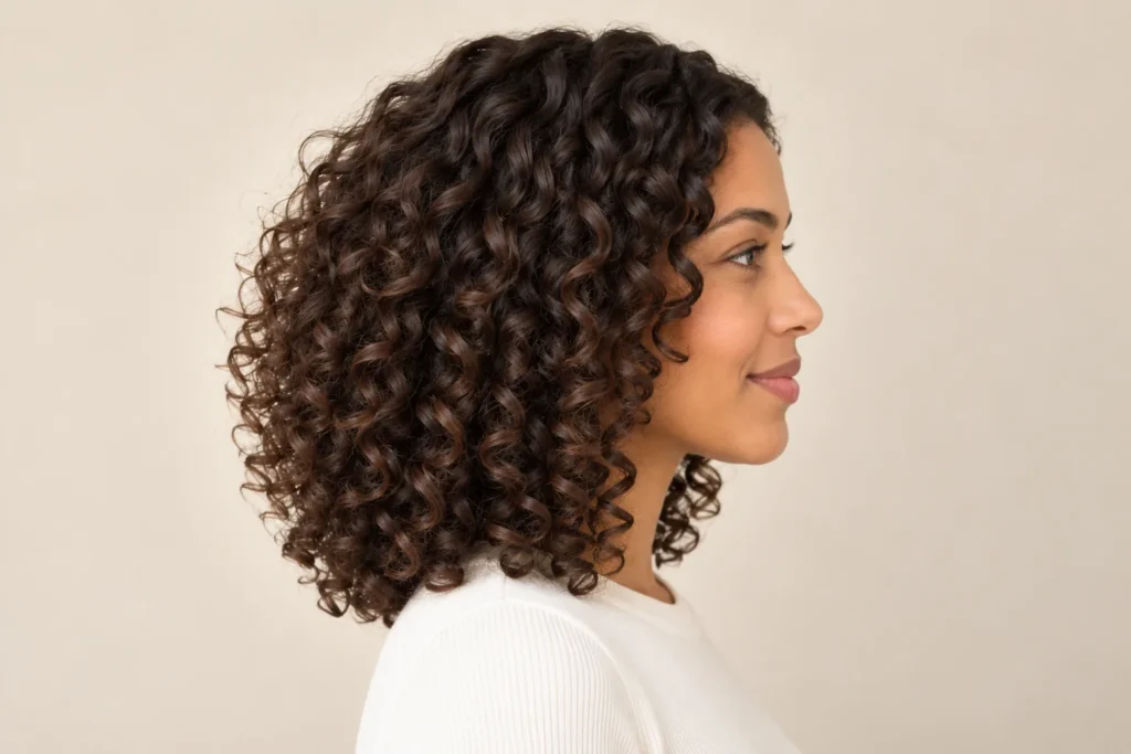 Shoulder-Length Layered Curls, side view showing the curly hairstyle shape and texture