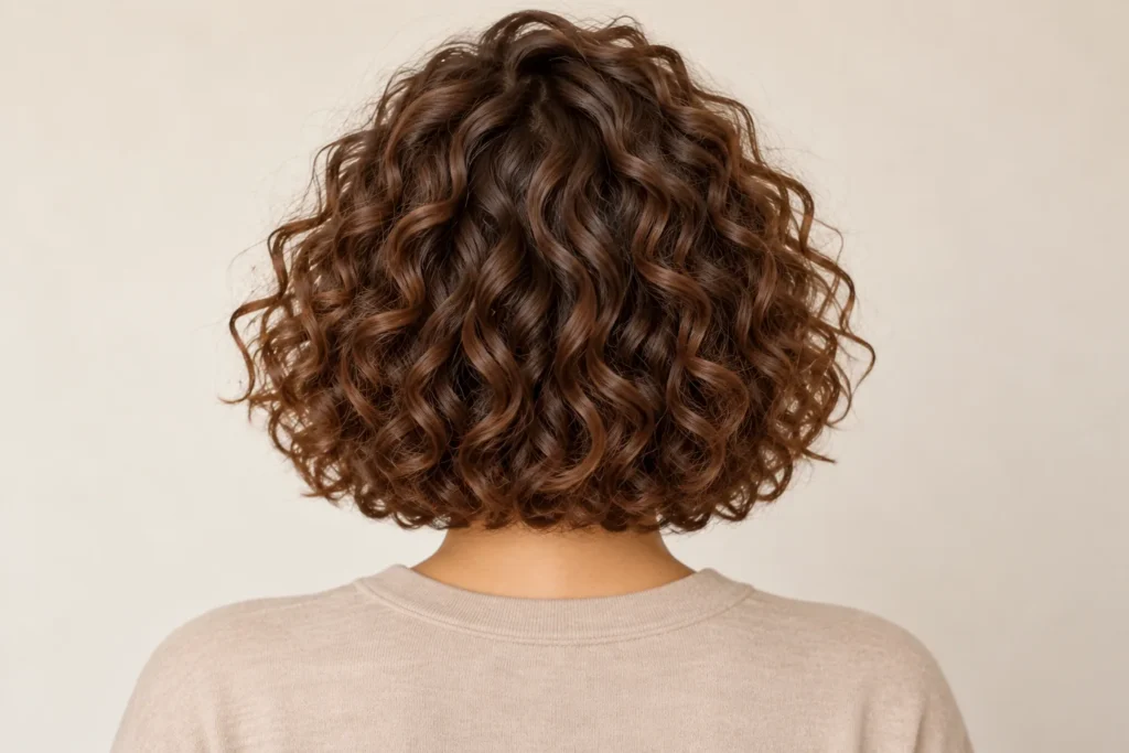 Curly Bob, back view showing the curly hairstyle shape and texture
