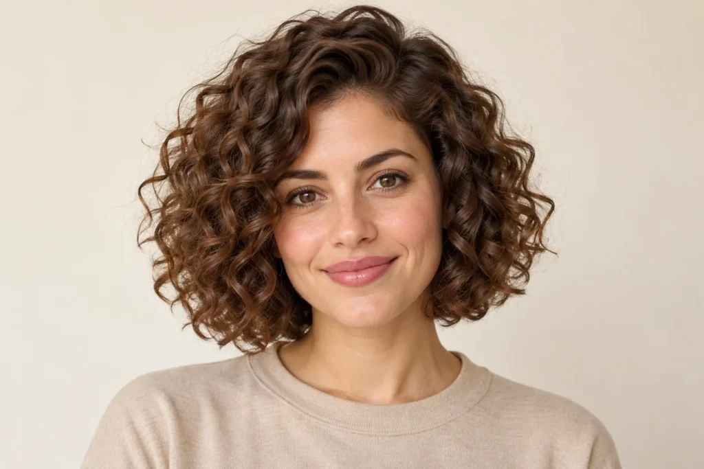 Curly Bob, front view showing the curly hairstyle shape and texture