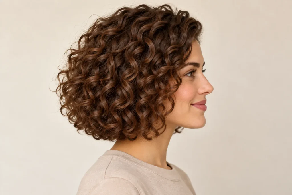Curly Bob, side view showing the curly hairstyle shape and texture