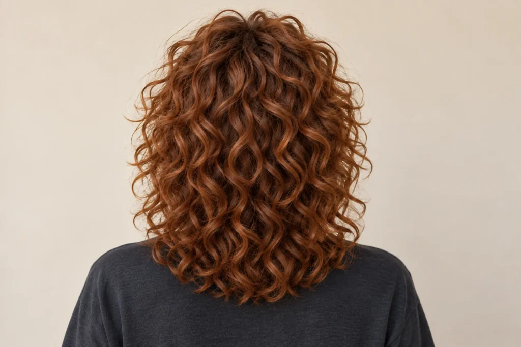 Curly Shag, back view showing the curly hairstyle shape and texture