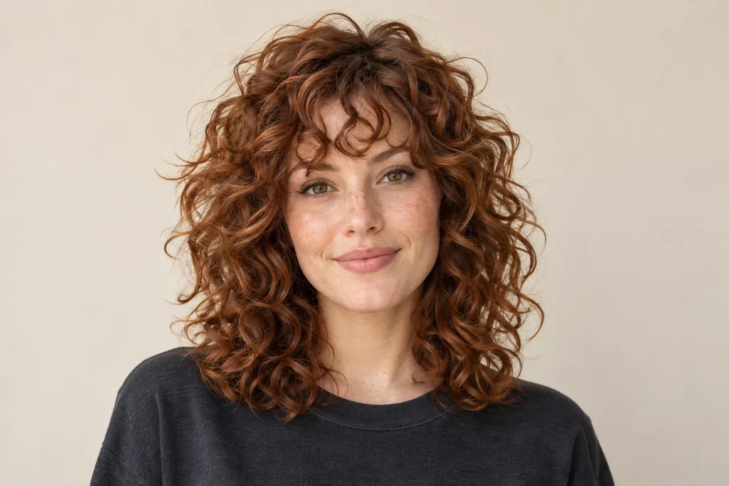 Curly Shag, front view showing the curly hairstyle shape and texture