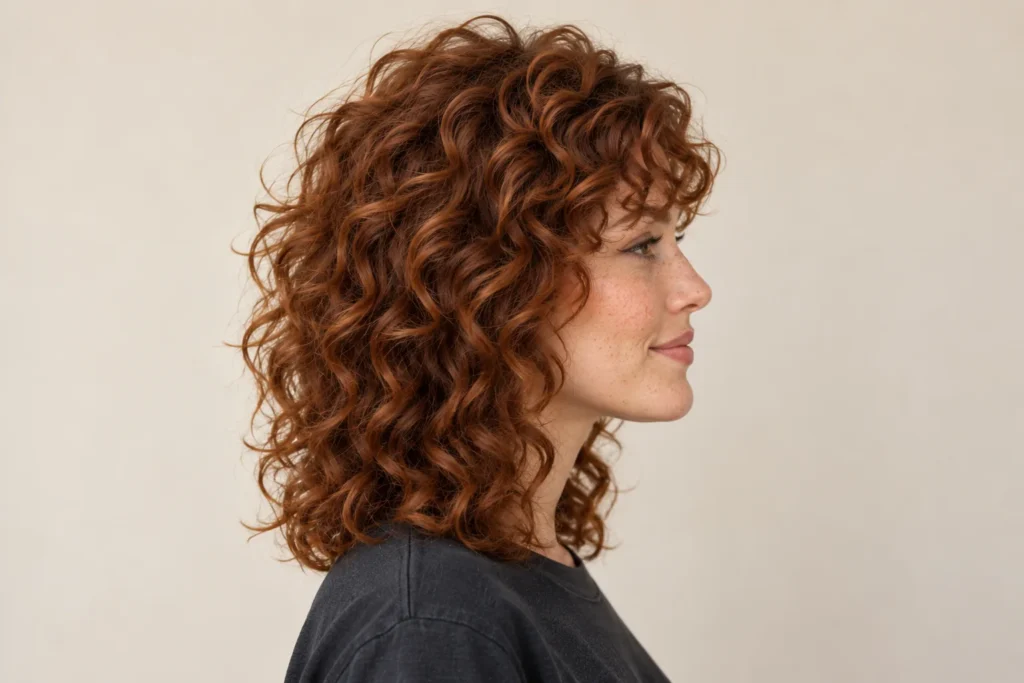 Curly Shag, side view showing the curly hairstyle shape and texture