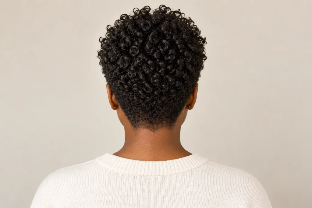 Curly Pixie, back view showing the curly hairstyle shape and texture
