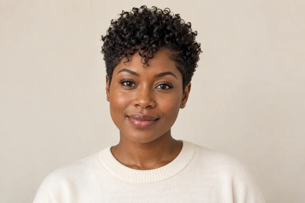Curly Pixie, front view showing the curly hairstyle shape and texture