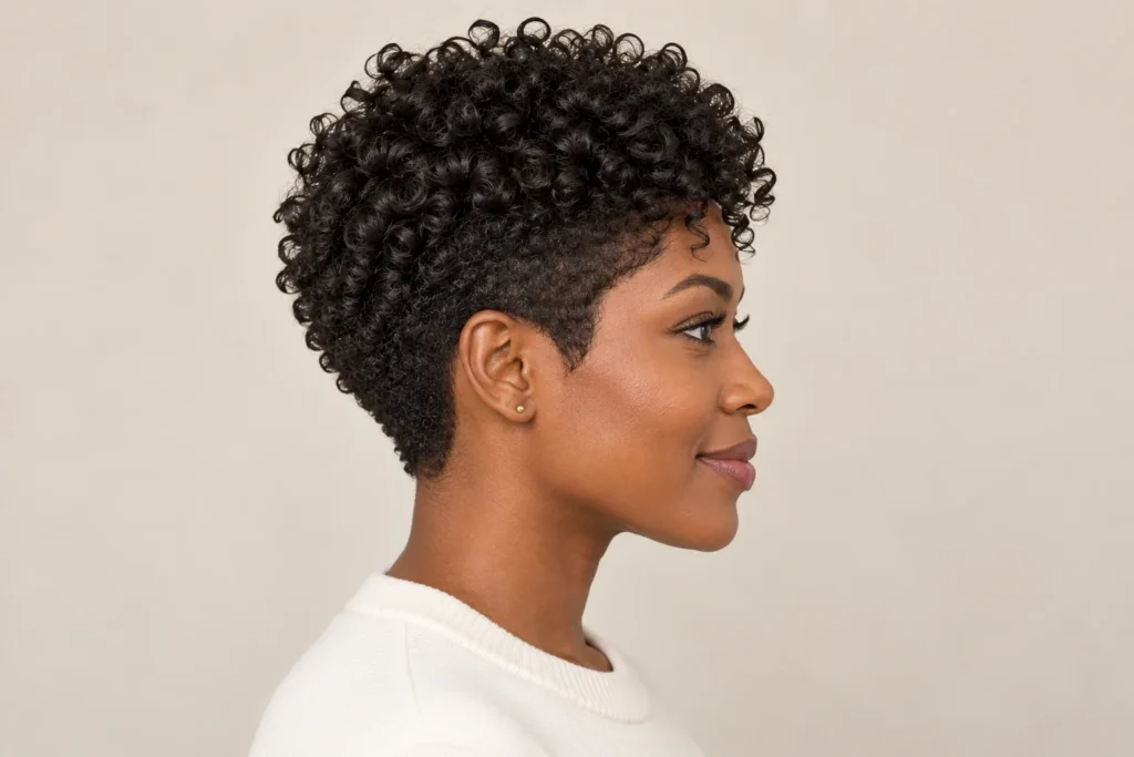 Curly Pixie, side view showing the curly hairstyle shape and texture