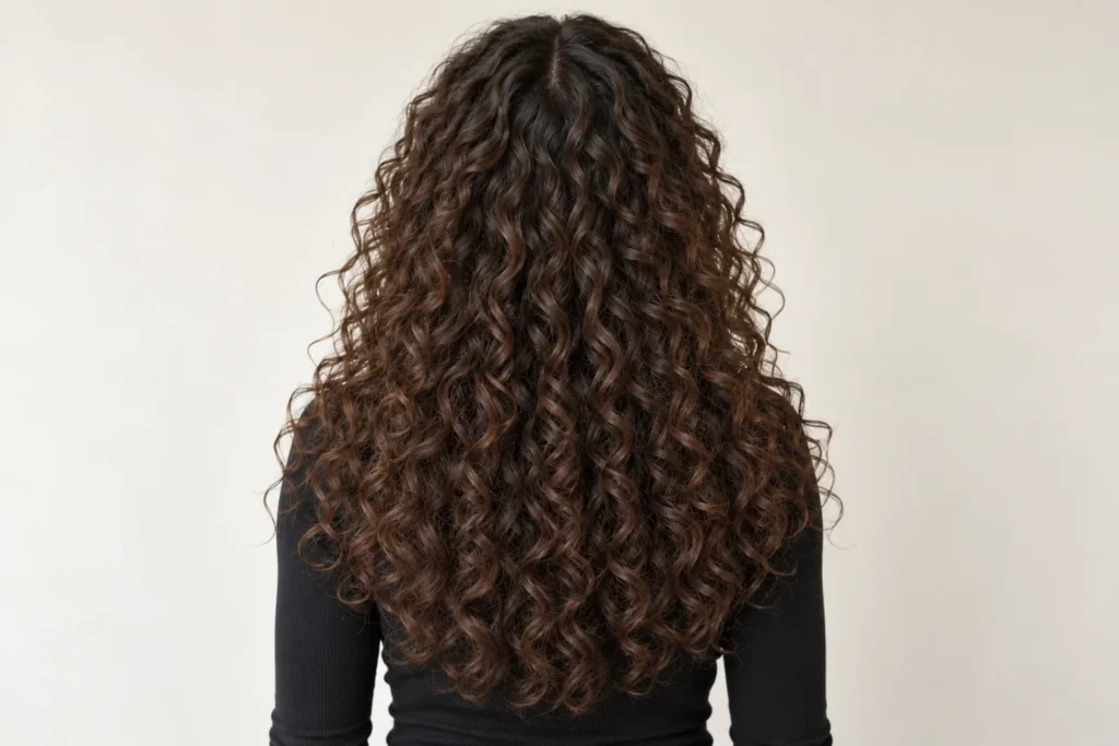Long Layers With a Centre Part, back view showing the curly hairstyle shape and texture