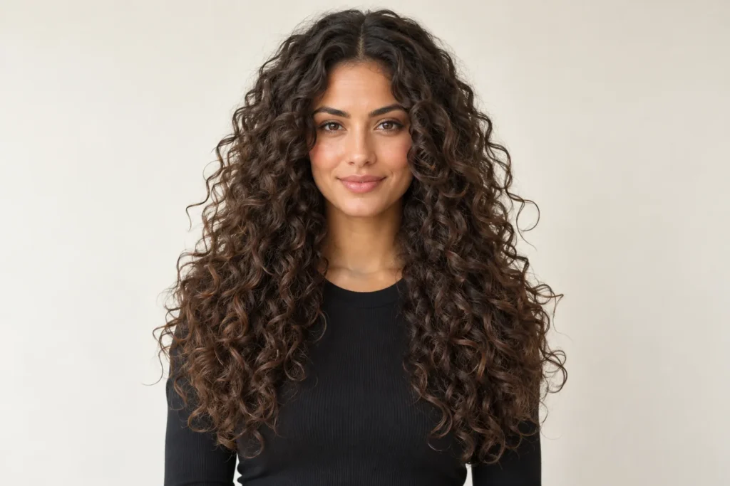 Long Layers With a Centre Part, front view showing the curly hairstyle shape and texture