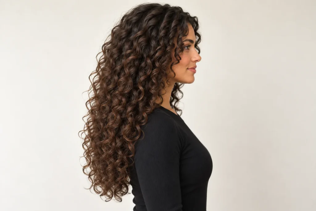 Long Layers With a Centre Part, side view showing the curly hairstyle shape and texture