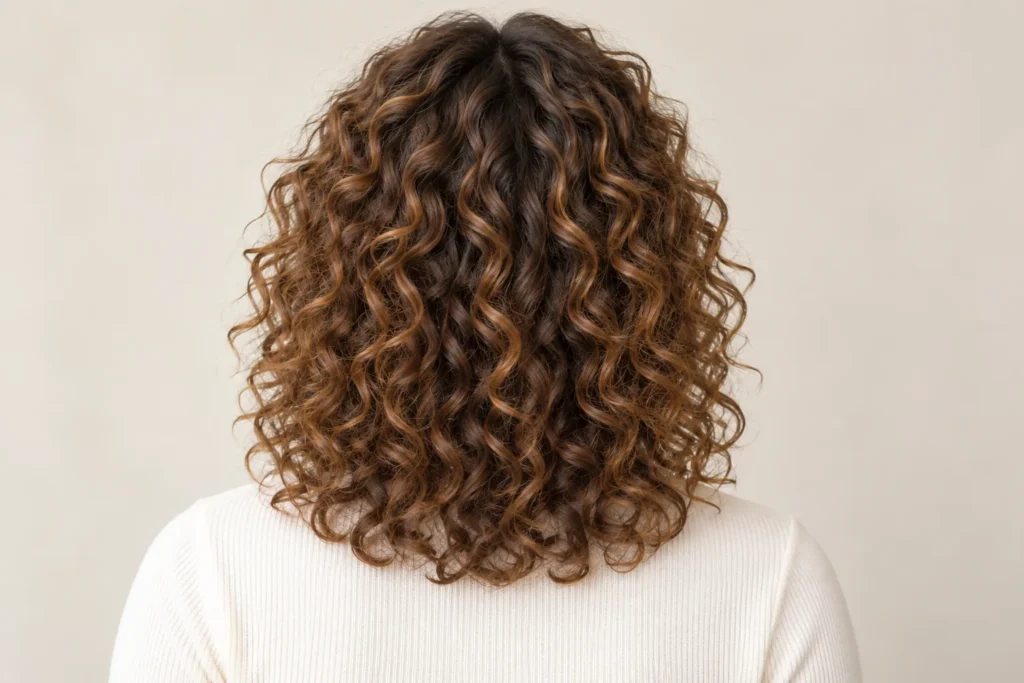 Curly Curtain Bangs, back view showing the curly hairstyle shape and texture