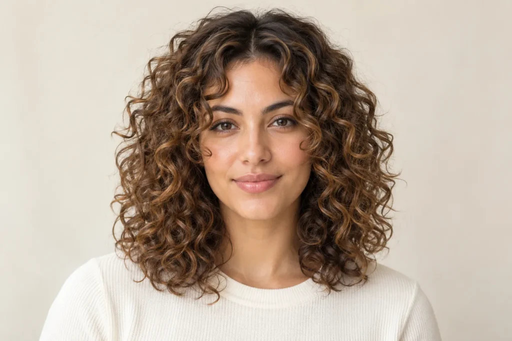 Curly Curtain Bangs, front view showing the curly hairstyle shape and texture