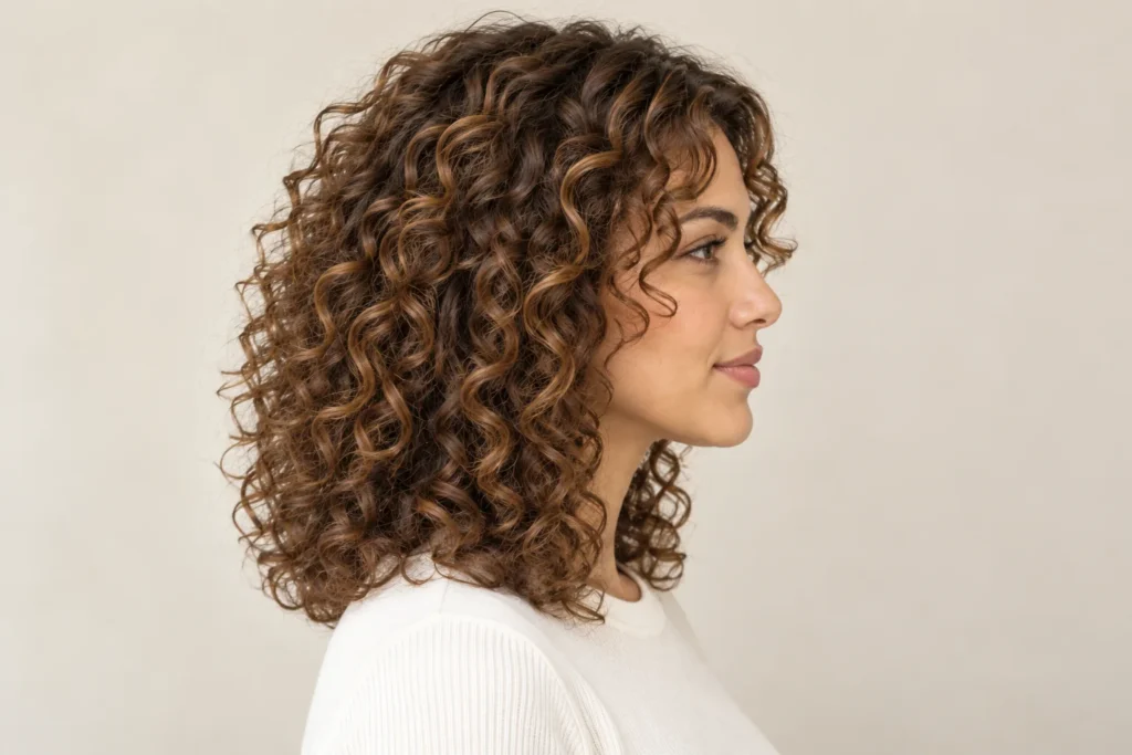 Curly Curtain Bangs, side view showing the curly hairstyle shape and texture