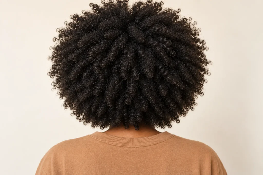 Rounded Curly Afro, back view showing the curly hairstyle shape and texture