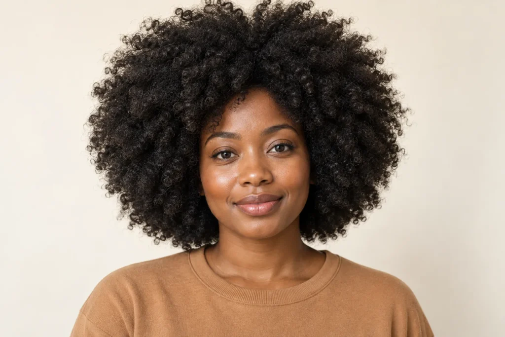 Rounded Curly Afro, front view showing the curly hairstyle shape and texture