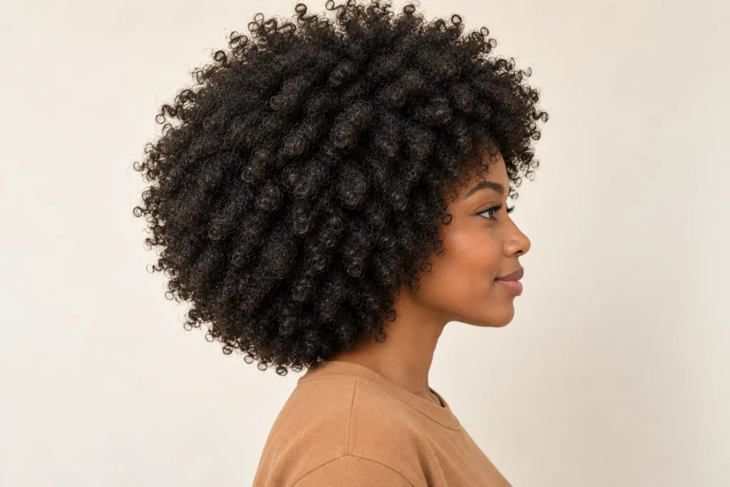 Rounded Curly Afro, side view showing the curly hairstyle shape and texture