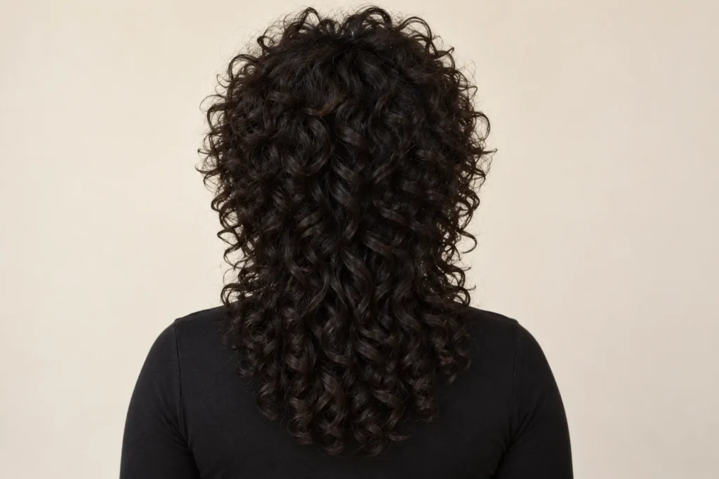 Curly Wolf Cut, back view showing the curly hairstyle shape and texture