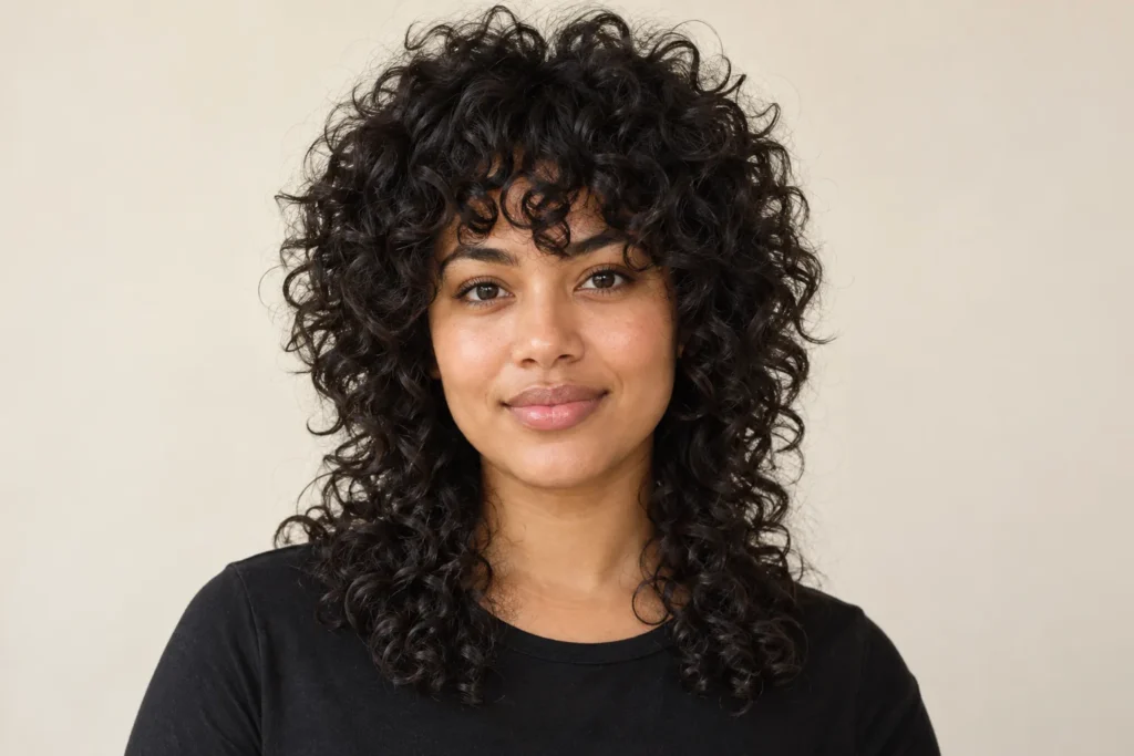 Curly Wolf Cut, front view showing the curly hairstyle shape and texture
