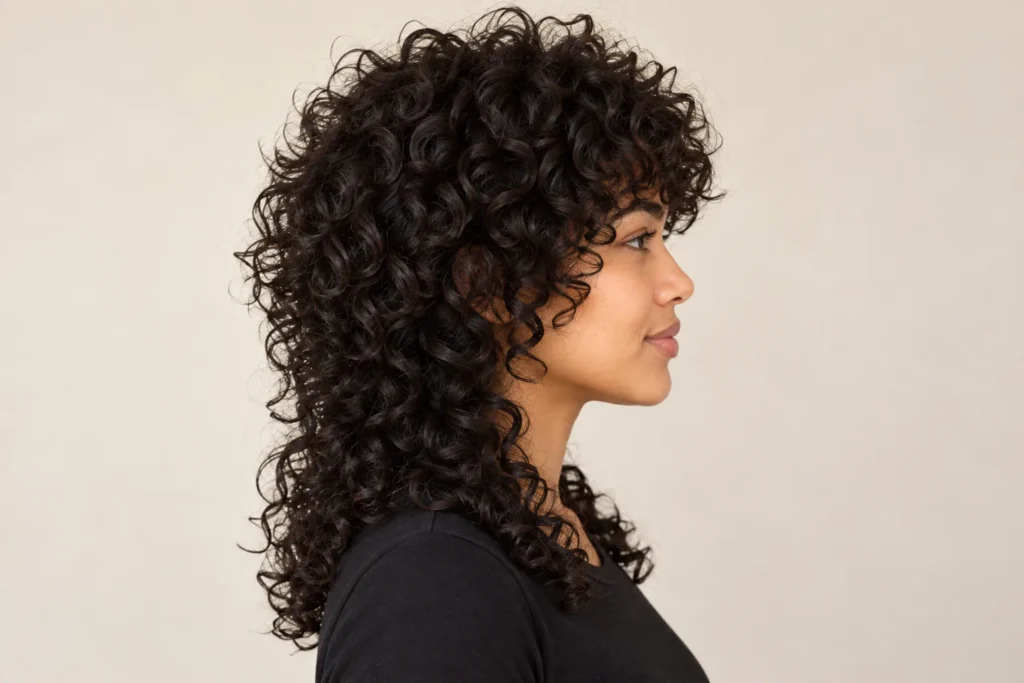 Curly Wolf Cut, side view showing the curly hairstyle shape and texture