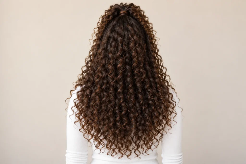 Half-Up Curly Ponytail, back view showing the curly hairstyle shape and texture