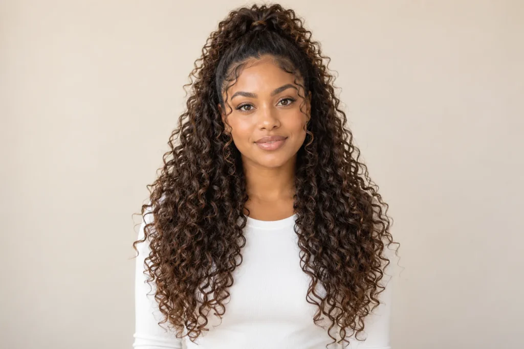 Half-Up Curly Ponytail, front view showing the curly hairstyle shape and texture