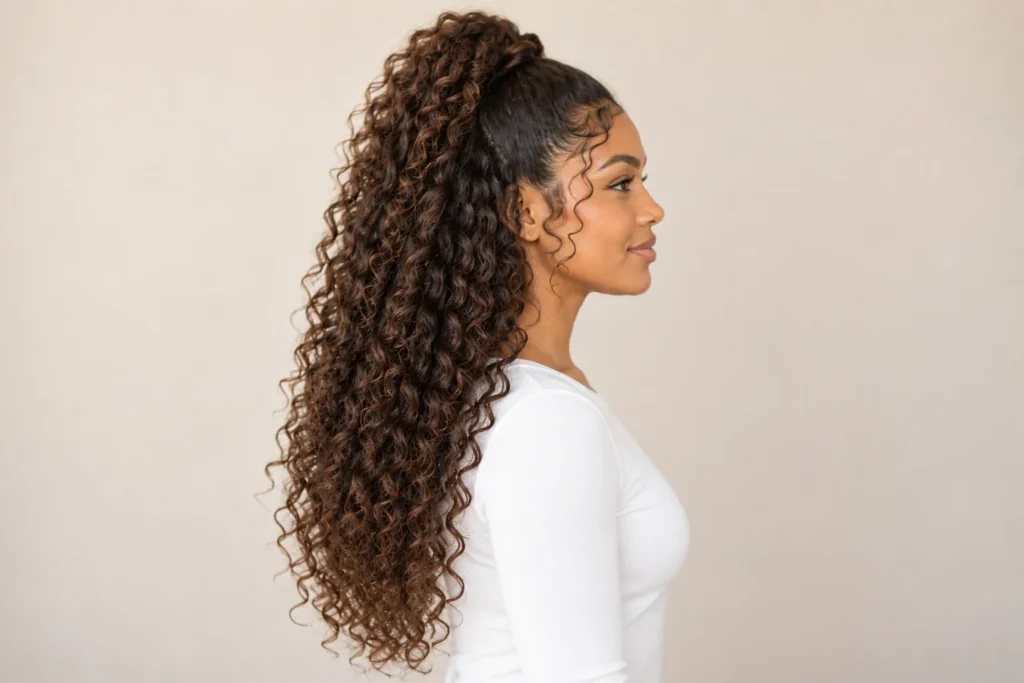 Half-Up Curly Ponytail, side view showing the curly hairstyle shape and texture