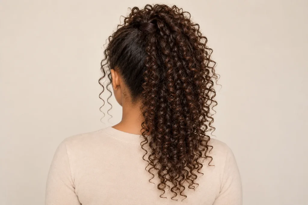 High Curly Ponytail, back view showing the curly hairstyle shape and texture