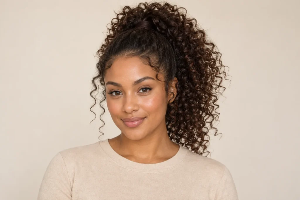High Curly Ponytail, front view showing the curly hairstyle shape and texture