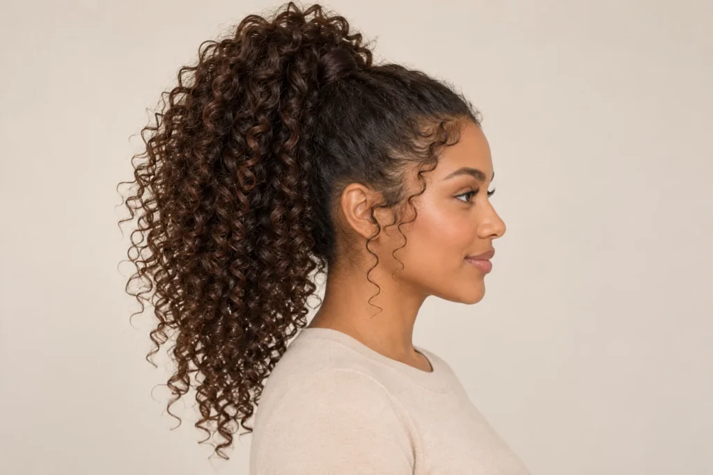 High Curly Ponytail, side view showing the curly hairstyle shape and texture