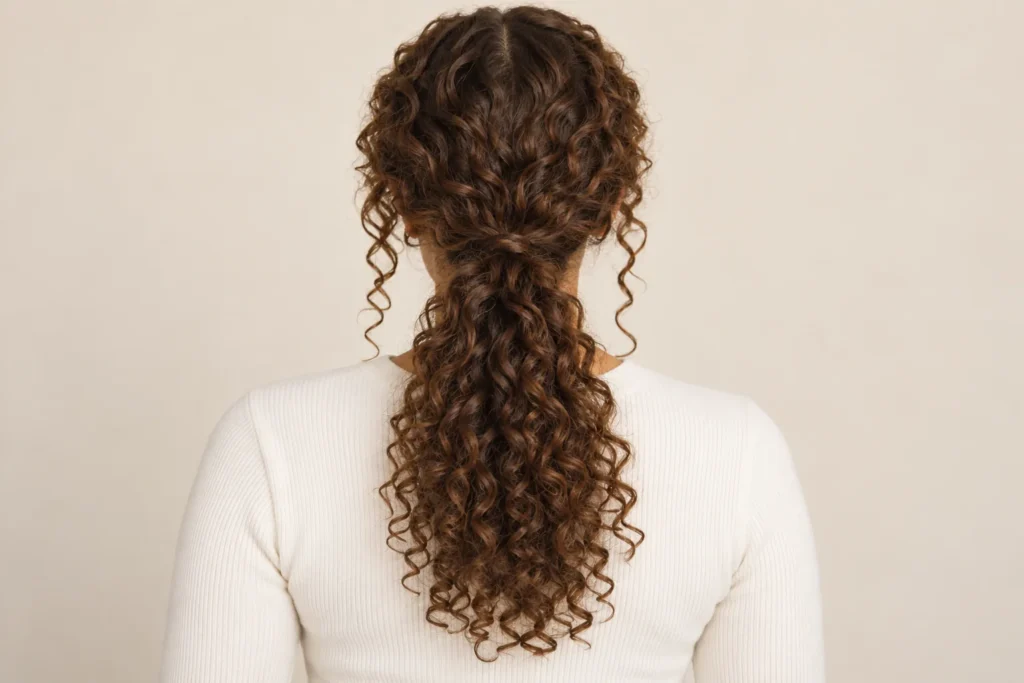 Low Curly Ponytail, back view showing the curly hairstyle shape and texture