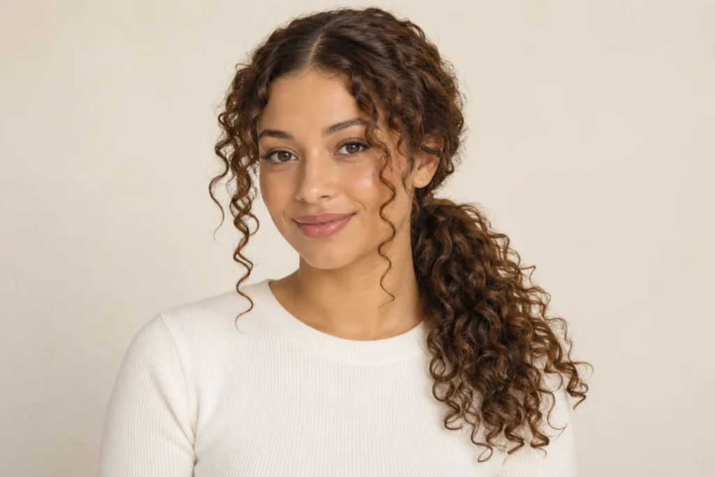 Low Curly Ponytail, front view showing the curly hairstyle shape and texture