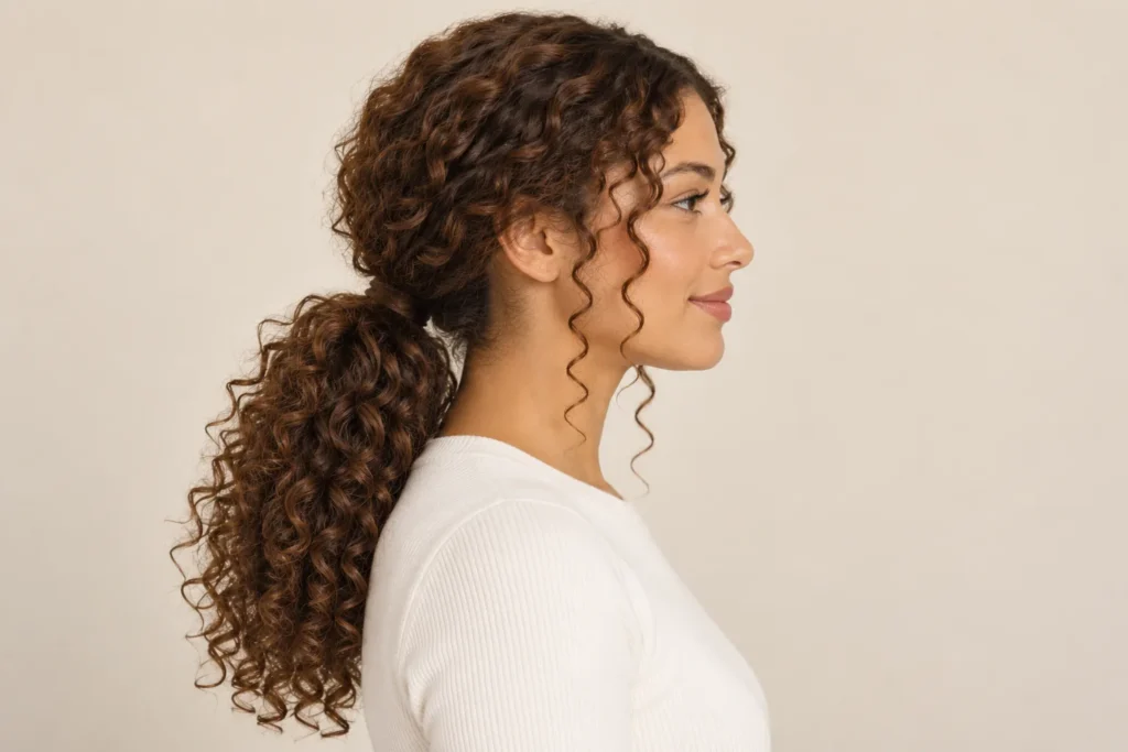 Low Curly Ponytail, side view showing the curly hairstyle shape and texture