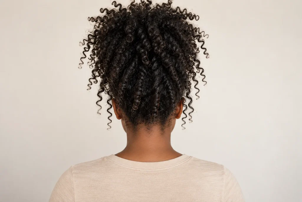 Pineapple Updo, back view showing the curly hairstyle shape and texture