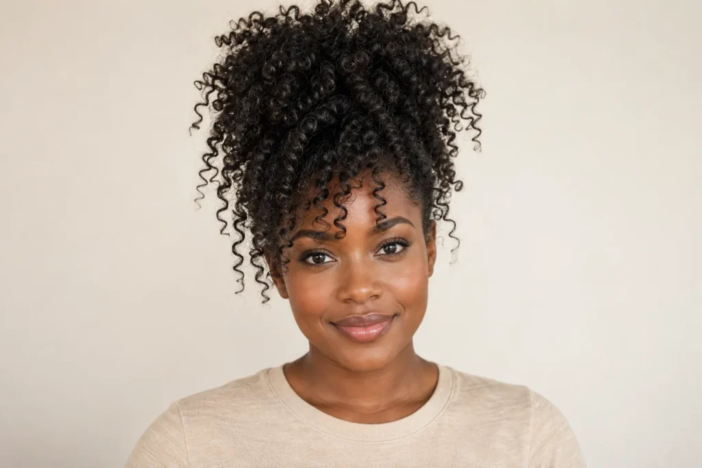 Pineapple Updo, front view showing the curly hairstyle shape and texture