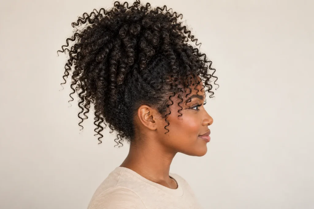 Pineapple Updo, side view showing the curly hairstyle shape and texture
